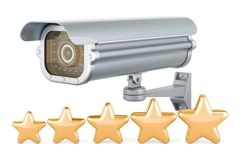 Security surveillance camera with five golden stars. 3D rendering Stock Illustration