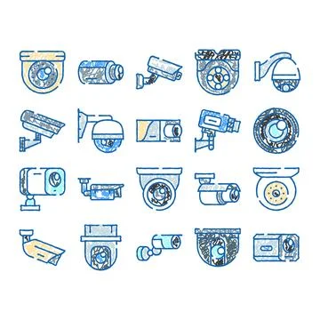 Security surveillance camera icons set doodle drawing sketch Stock Illustration