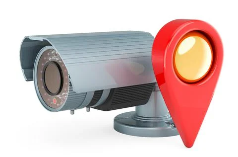 Security surveillance camera with map pointer. 3D rendering Stock Illustration