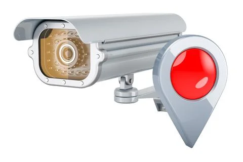 Security surveillance camera with map pointer, 3D rendering 库存插图