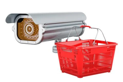 Security surveillance camera with shopping basket. 3D rendering Stock Illustration
