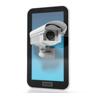 Security surveillance camera on tablet screen isolated on white background Illustrazione stock