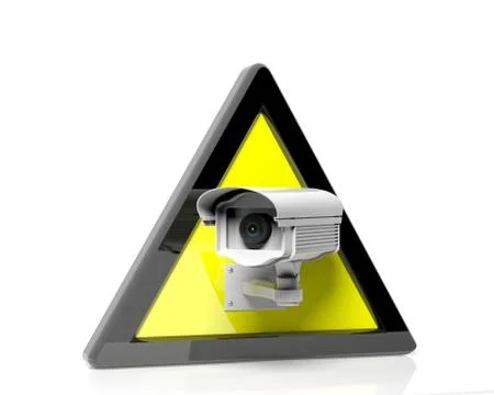 Security surveillance camera in a yellow warning sign isolated Stock Illustration