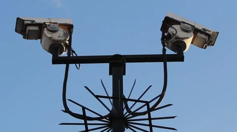 Security Surveillance CCTV Camera Pole Spikes Abstract Blue Sky Background 스톡 동영상 42726661