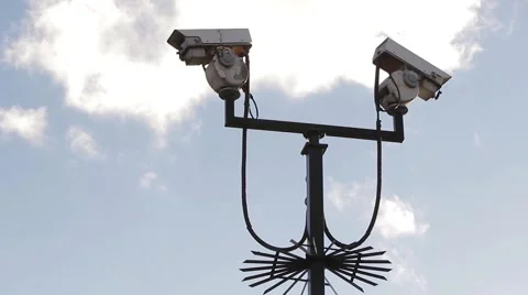 Security Surveillance CCTV Camera Pole Spikes Abstract Blue Sky Background Video stock 42726761