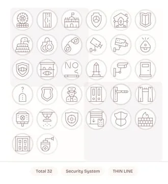 Security System Complete Vector Package with 32 Retina Ready Thin Line Grid.. Stock Illustration