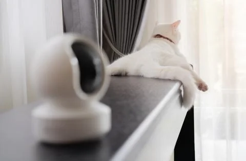 Security System Concept. Shot of white cat lyting on the electric piano wit.. Stock Photos