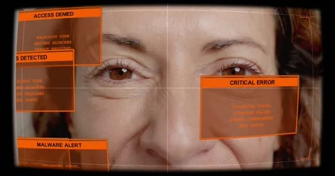 Security system detecting malware, woman maintaining smile while orange HUD Stock Footage 332426130