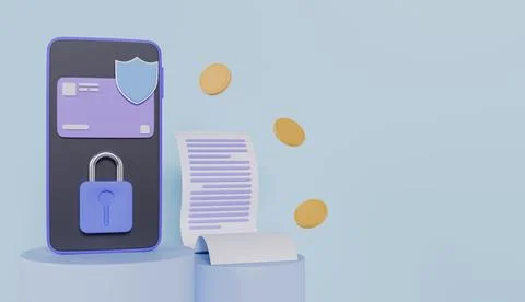 Security system on financial application in smartphone, coins, shield Stock Illustration