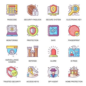 Security system flat icons set. Electronic key Illustrazione stock