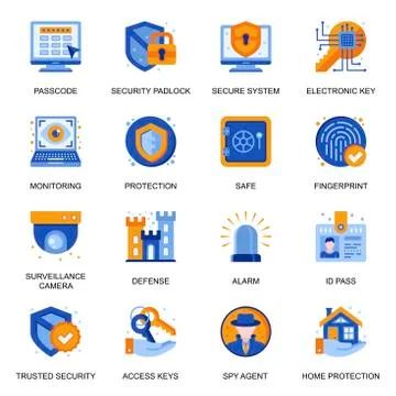 Security system icons set in flat style. Illustrazione stock