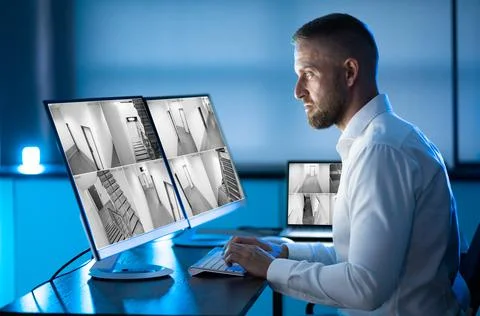 Security System Operator Looking At CCTV Footage At Desk Foto stock