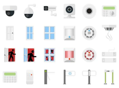 Security system set icons of video cameras, detectors, turnstiles, access Stock Illustration