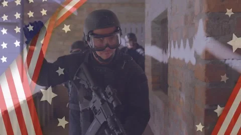 Security team moving through brick corridor, showing animated transparent Stock Footage 328837292