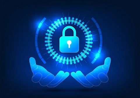 Security technology, the hand is holding a lock inside a technology circle... 스톡 일러스트