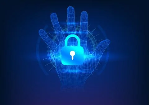 Security technology The lock is in the middle of the hand. Behind it is a t.. 스톡 일러스트