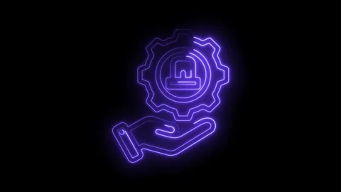 Security technology services neon style hand holding cogwheel with padlock Stock Footage 330784983