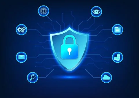 Security technology There is a shield and a lock inside with a circuit that.. Stockillustratie