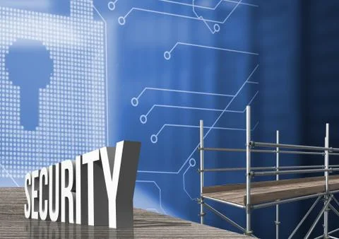 Security Text with 3D Scaffolding and lock interface Stock Illustration