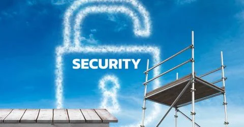 Security Text with 3D scaffolding and wooden shelf Illustrazione stock