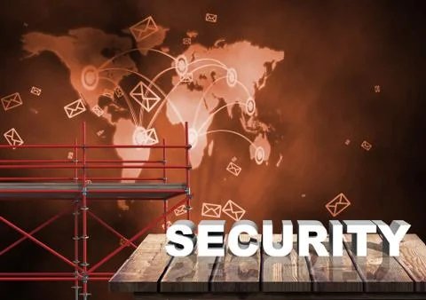 Security Text with 3D Scaffolding and world map interface network 스톡 일러스트