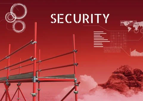 Security Text with 3D Scaffolding and technology interface in red landscape Illustrazione stock