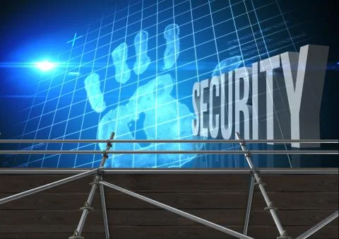 Security Text with 3D Scaffolding and hand grid interface Stock Illustration