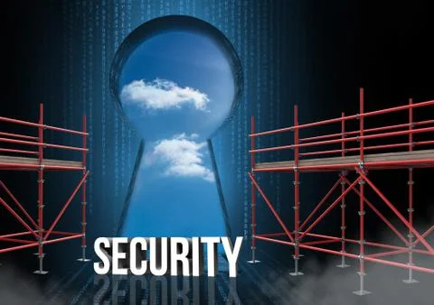 Security Text with 3D Scaffolding and keyhole sky 스톡 일러스트