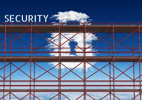 Security Text with 3D Scaffolding and lock cloud in sky Stock Illustration