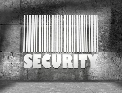 Security text and bar code on concrete wall Security word and bar code on ... Foto stock