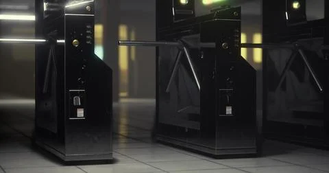 Security turnstiles control access in a modern building hallway Ilustración de archivo