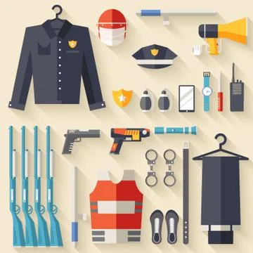 Security uniform and set protection staff equipment. On icons flat style Stock Illustration