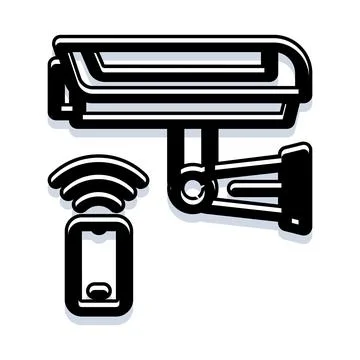 Security video camera transmitting signal to smartphone Illustrazione stock