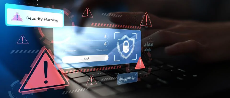 Security warning alert for cybersecurity and user authentication with login i Stock Photos