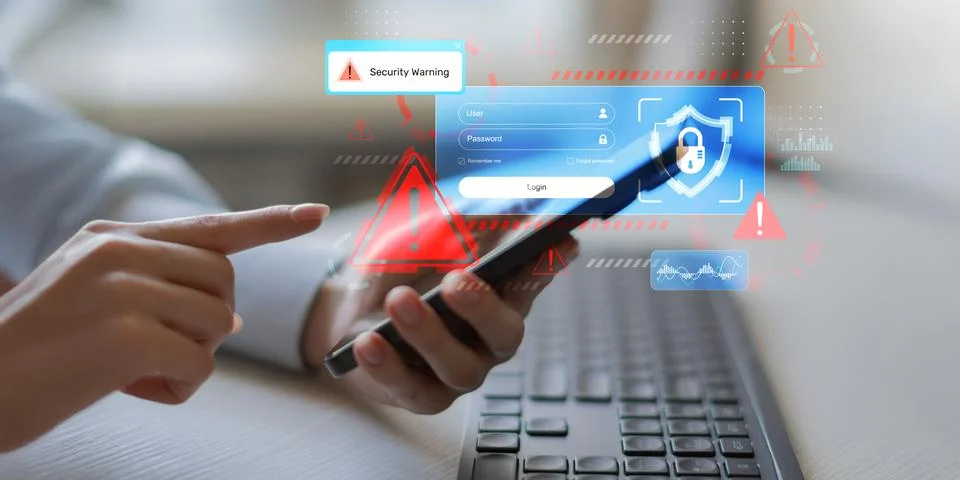 Security Warning Alert for Mobile Device User Authentication and Cybersecur.. Fotos de archivo