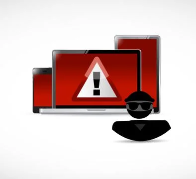 Security warning. Hacker and electronics. Stock-Illustration