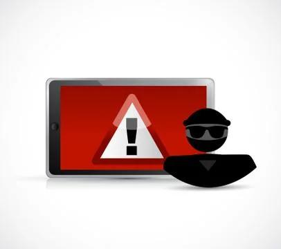 Security warning. Hacker and tablet. Stock-Illustration