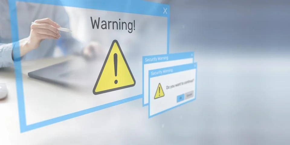 Security Warning Notifications Displayed on Digital Interface with Risk Alert 스톡 사진