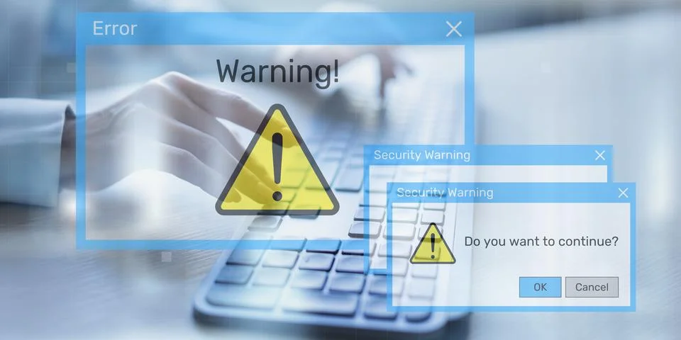 Security Warning Notifications Displayed on Digital Interface with Risk Alert 스톡 사진