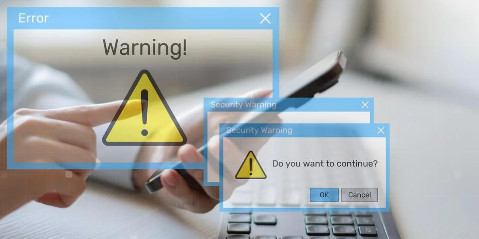 Security Warning Notifications Displayed on Digital Interface with Risk Alert 스톡 사진
