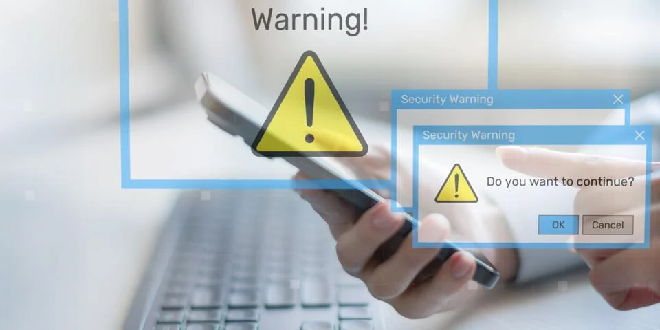 Security Warning Notifications Displayed on Digital Interface with Risk Alert 스톡 사진