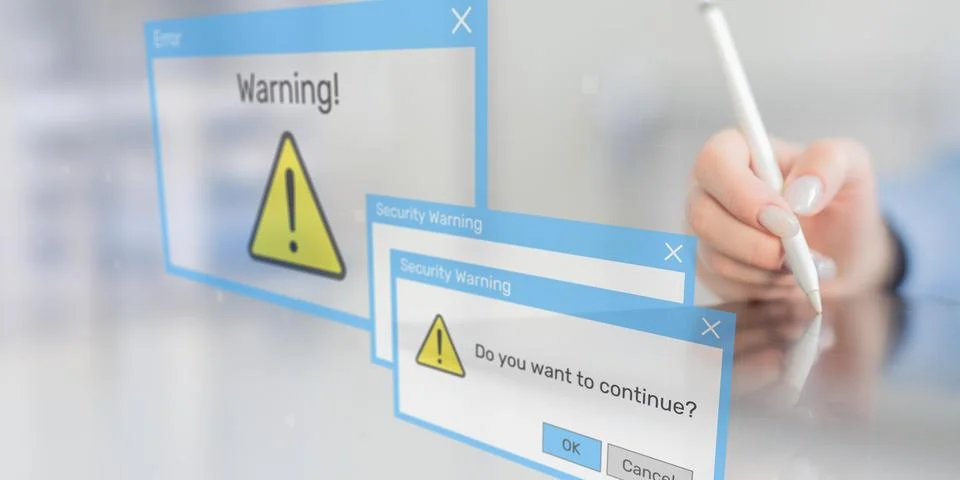 Security Warning Notifications Displayed on Digital Interface with Risk Alert 스톡 사진