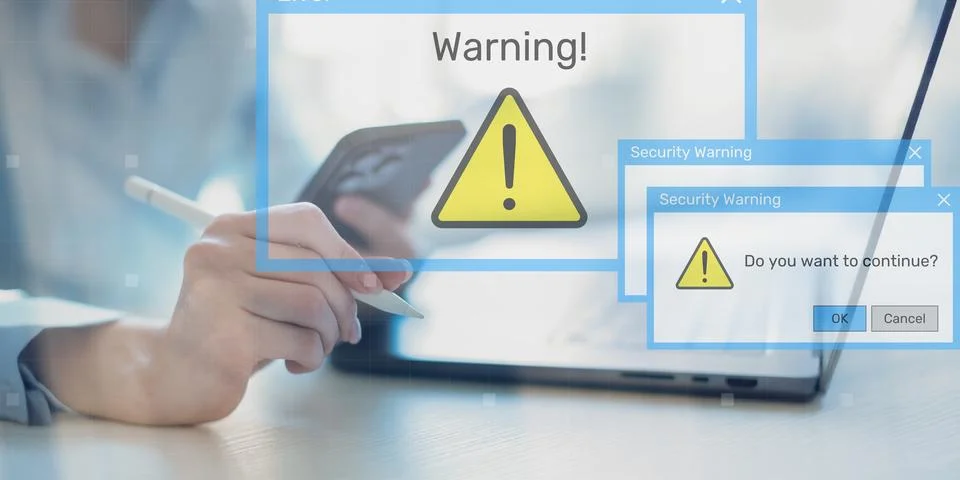 Security Warning Notifications Displayed on Digital Interface with Risk Alert 스톡 사진