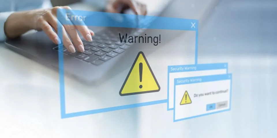 Security Warning Notifications Displayed on Digital Interface with Risk Alert 스톡 사진