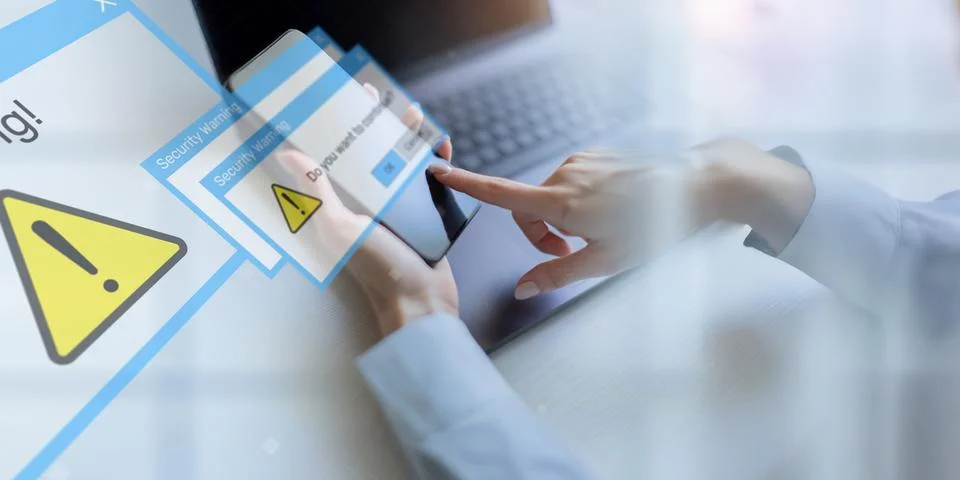 Security Warning Notifications Displayed on Digital Interface with Risk Alert 스톡 사진