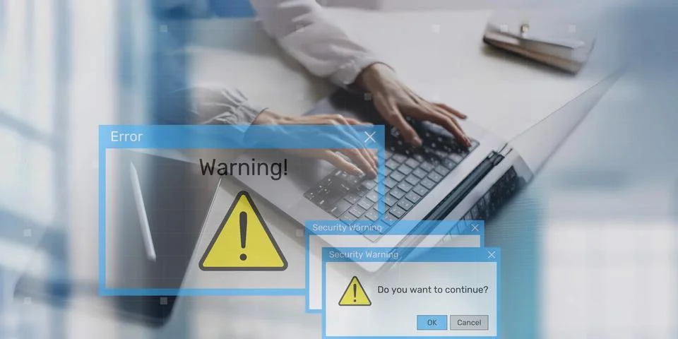 Security Warning Notifications Displayed on Digital Interface with Risk Alert Stock Photos