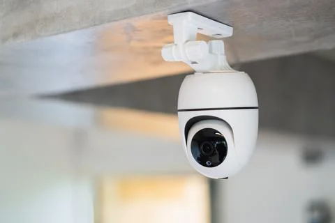 Security white CCTV (Closed-circuit television) camera in the office building Stock Photos