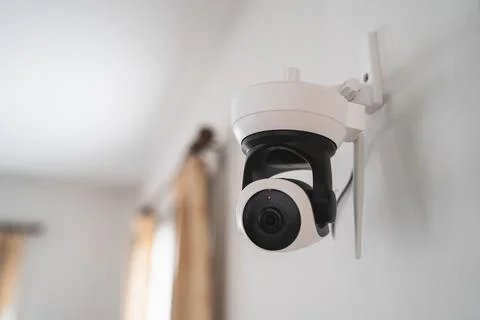 Security white CCTV (Closed-circuit television) camera in the house interio.. Stock Photos