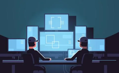 Security workers watching video surveillance camera on monitor in control Illustrazione stock