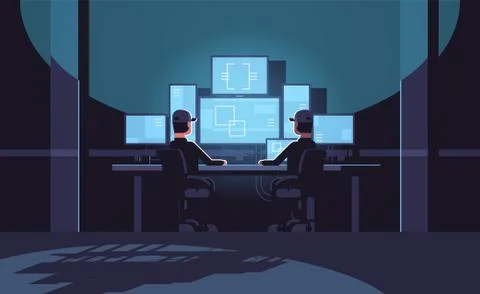 Security workers watching video surveillance camera on monitor in control Illustrazione stock